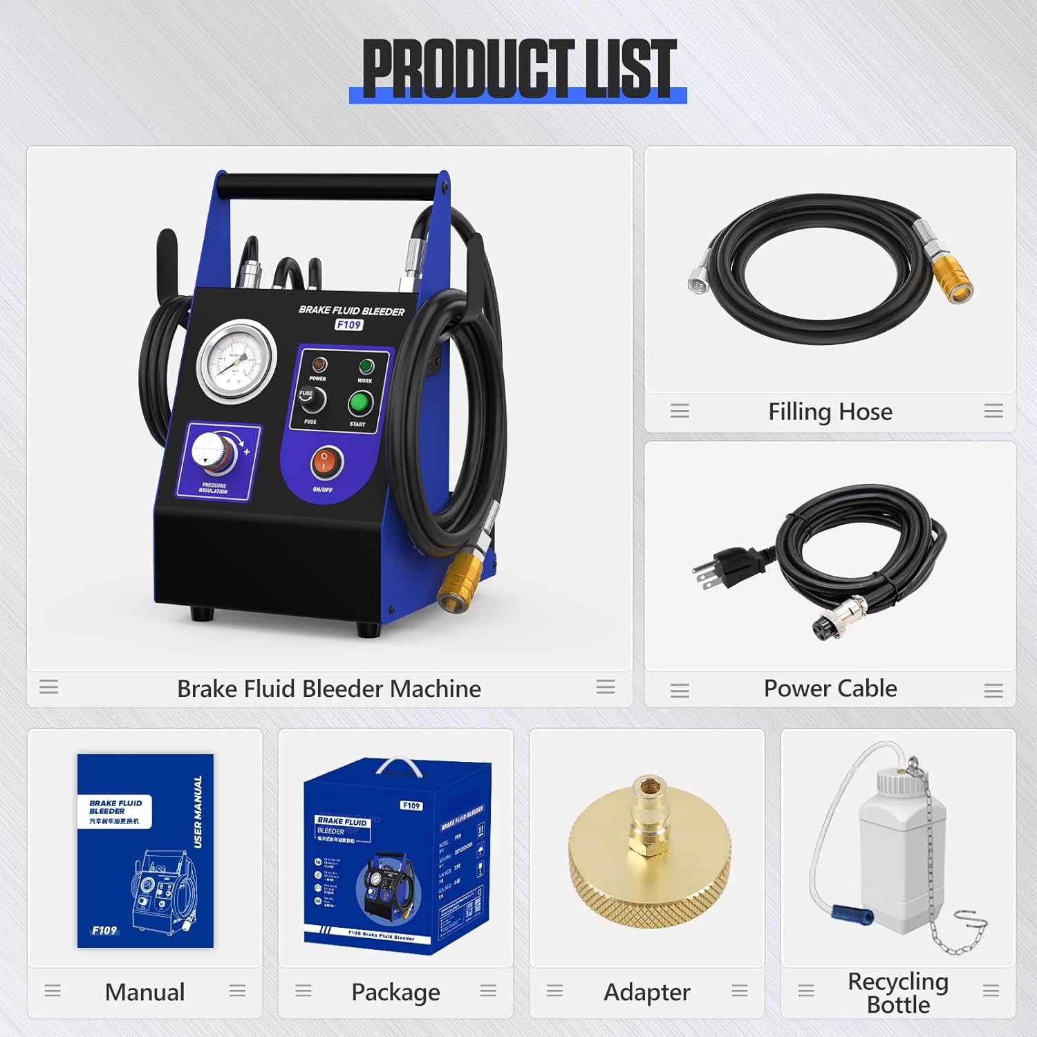 BELEY Brake Bleeder Kit 110V Brake Fluid Bleeder Machine Kit Adjustable 0.7-2.5 Bar Pressure & Flow Microcontroller System for Single User Includes 52MM Master Cylinder Adapter & Oil Bottle
