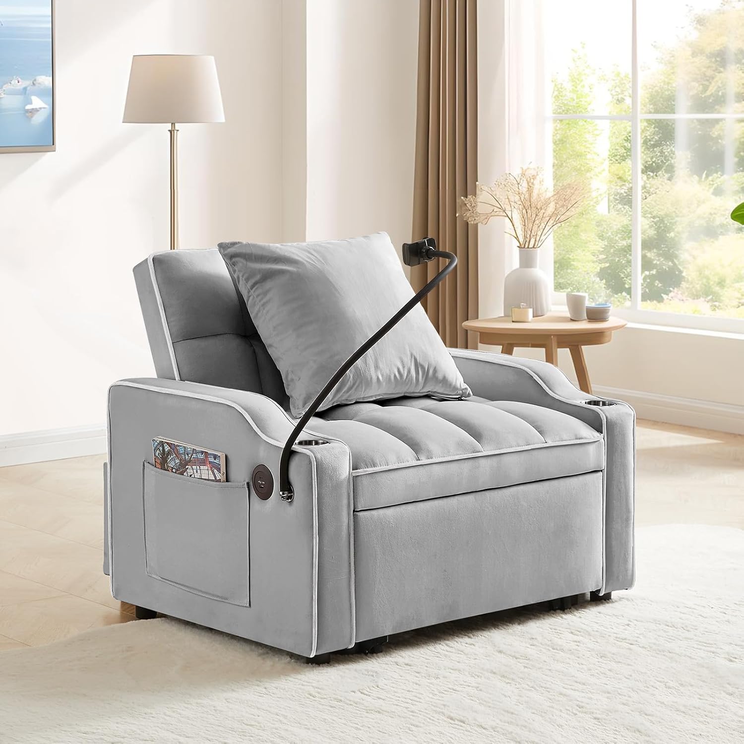 Convertible Single Sleeper Chair Bed,3 in 1 Velvet Futon Sleeper Sofa Bed with Phone Holder&USB Ports,Pull Out Couch Bed,Adjustable Recliner Armchair bed for Living Room,Office,Small Places(Grey)