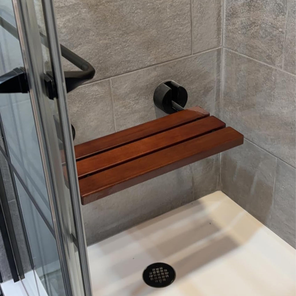 Aowoil 20" Folding Teak Shower Seat Wall Mounted - ADA Compliant Foldable Shower Bench, Natural Solid Teak, 300lb Capacity, Drainage Design - Bathroom Safety Stool for Elderly & Home Care