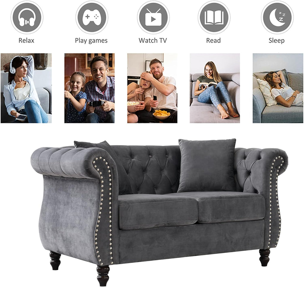 59" Chesterfield Loveseat Velvet Sofa for Living Room,2-Seater Sofa Tufted Couch with Two Pillows,Rolled Arms and Nailhead for Living Room, Bedroom, Office Grey
