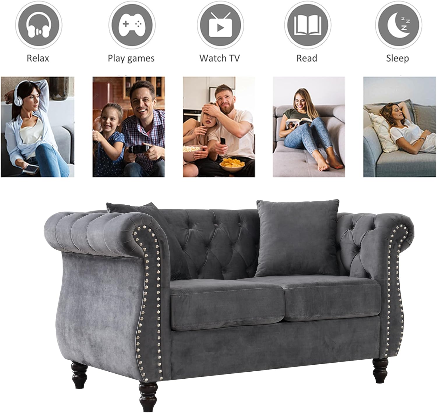 59" Chesterfield Loveseat Velvet Sofa for Living Room,2-Seater Sofa Tufted Couch with Two Pillows,Rolled Arms and Nailhead for Living Room, Bedroom, Office Grey