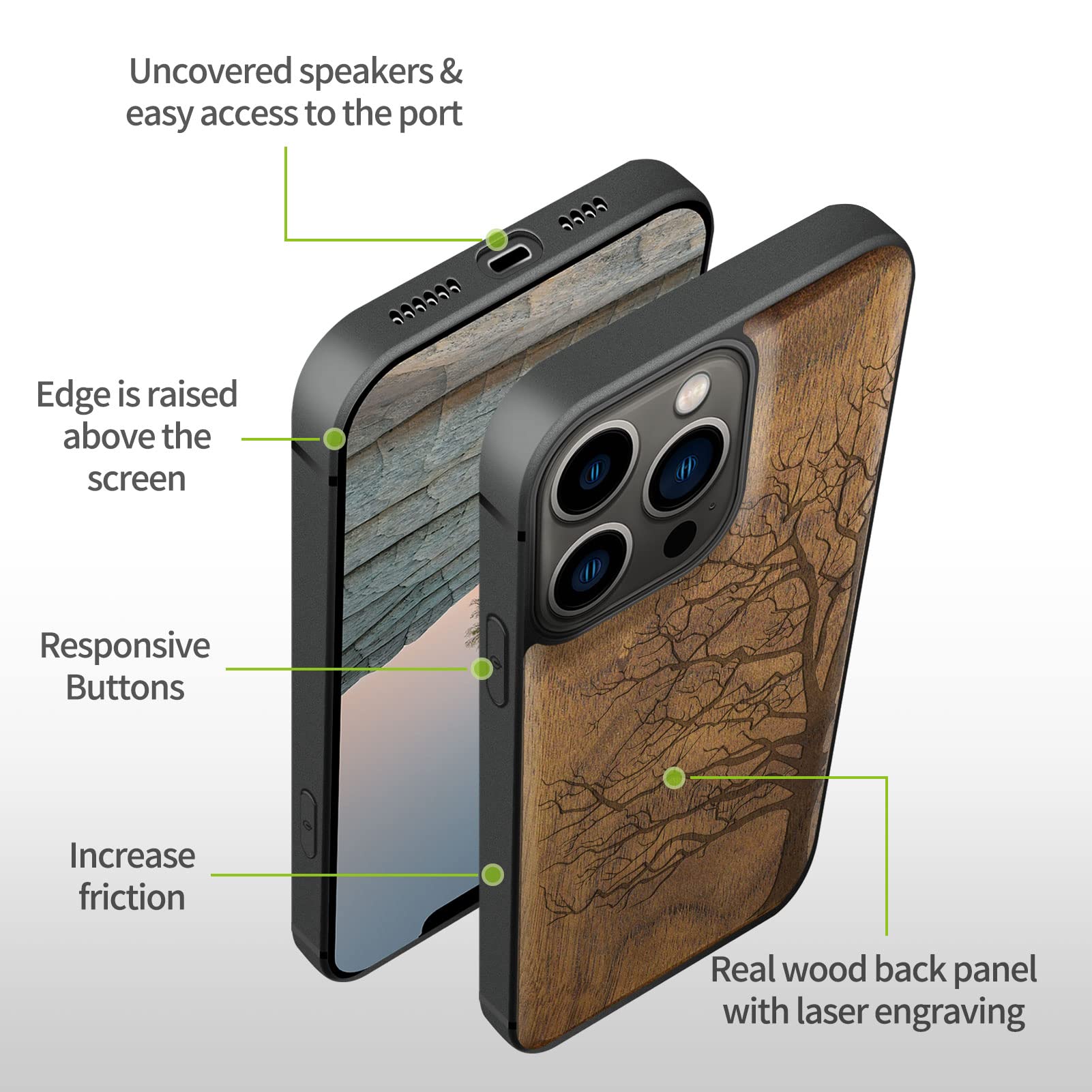 Carveit Magnetic Wood Case for iPhone 13 Pro Max [Hard Real Wood & Soft TPU] Shockproof Hybrid Protective Cover Unique & Classy Wooden Case Compatible with MagSafe (Eternal Tree Carving-Walnut)
