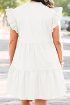 پیراهن‌های سایز بزرگ فیسو برای زنان تابستانی با آستین کوتاه چین‌دار، یقه هفت، پیراهن چندلایه تاب‌دار، مدل بَبی‌دال مینی، سفید