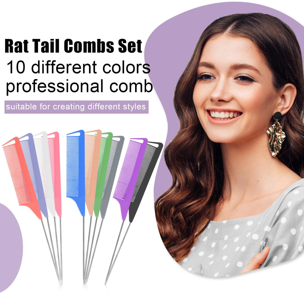 10 PCS Rat Tail Combs Set - Hair Teasing Fine Tooth Comb for Women Girls, Parting Comb for Braiding Hair Styling Tools & Appliances with Stainless Steel Pintail Carbon Fiber Heat Resistant