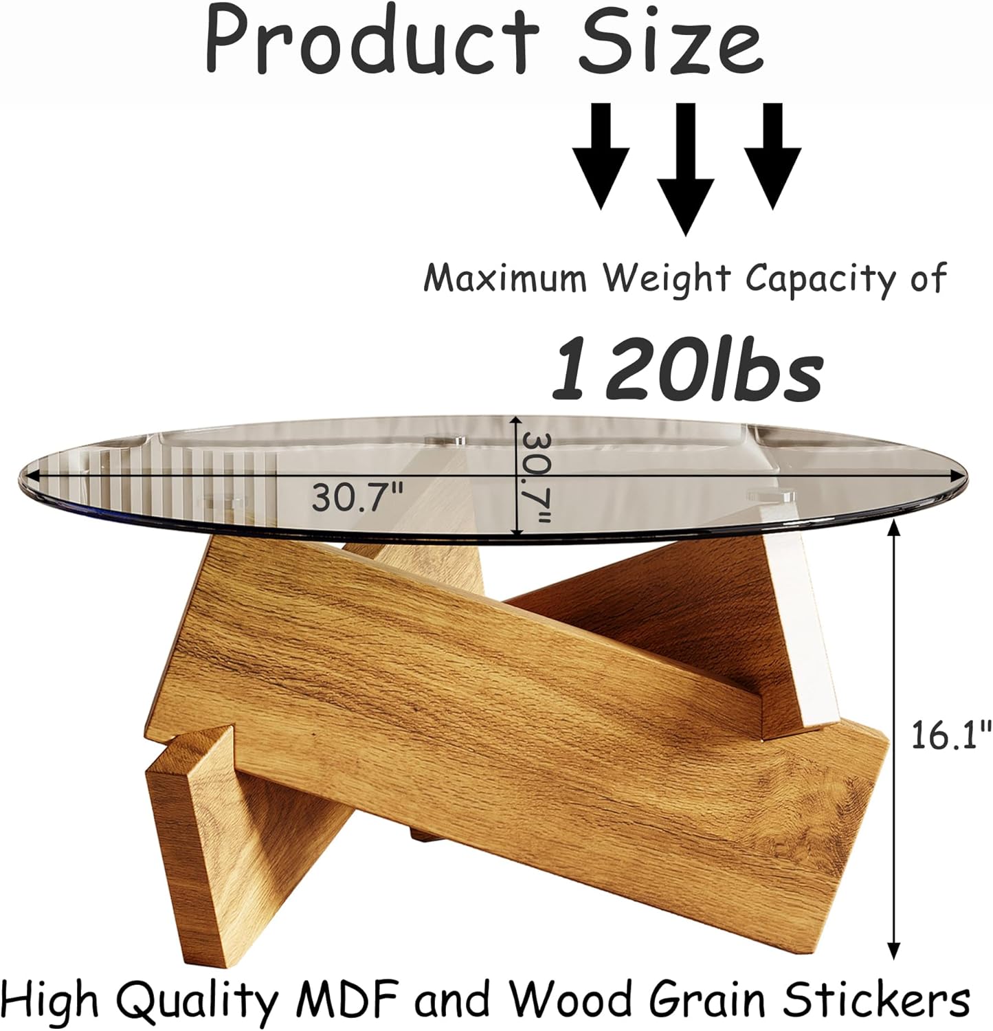 Honyee Morden Rounded Coffee Table, 30.7" x 30.7" x 16.1" Tempered Glass Top for Living Room, Color: Natural Wood