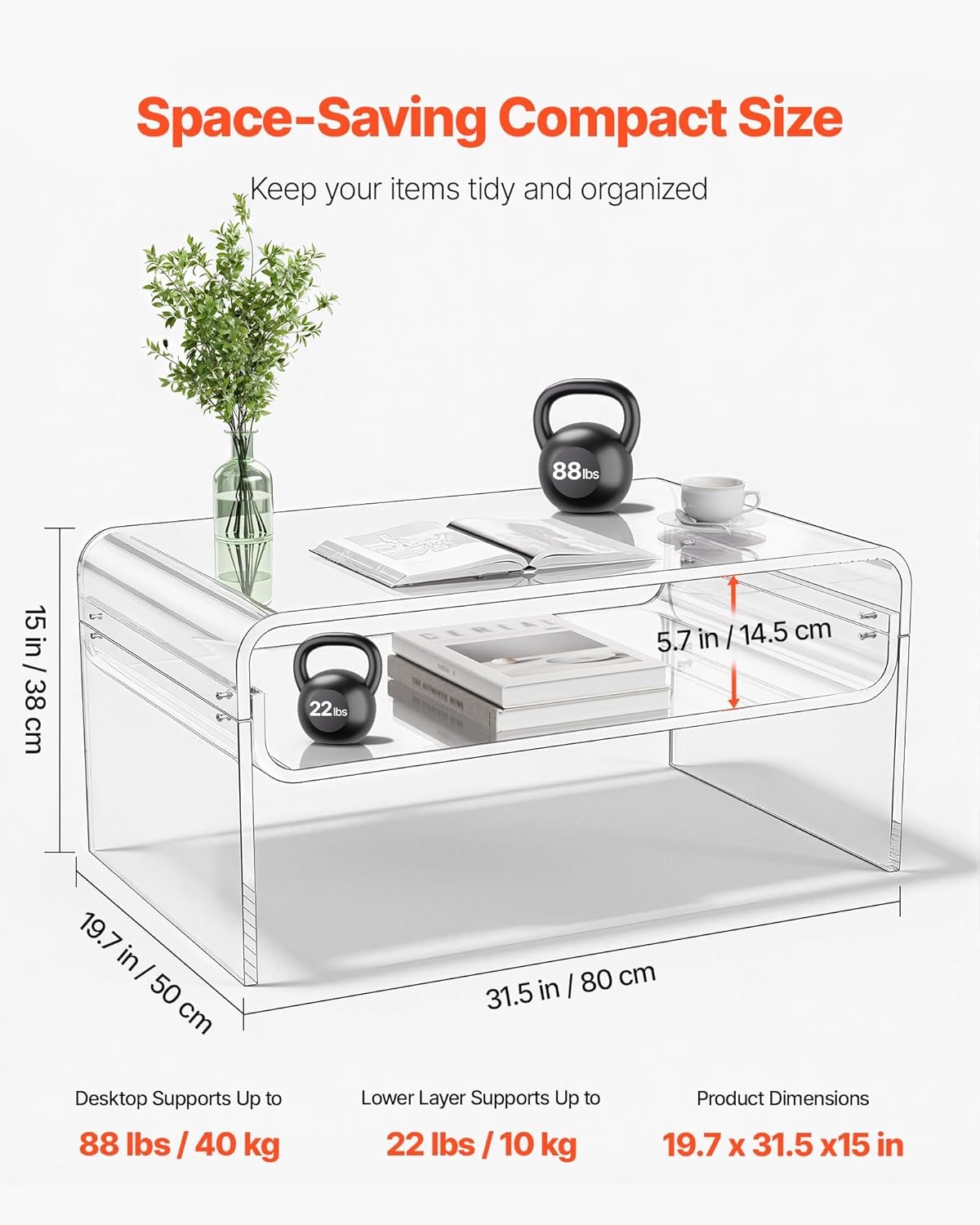 VEVOR Acrylic Coffee Table, Modern Lucite Desk with Open Storage Shelf, Clear Rectangle Center Table for Living Room, Office, 31.5 x 19.7 x 15 in