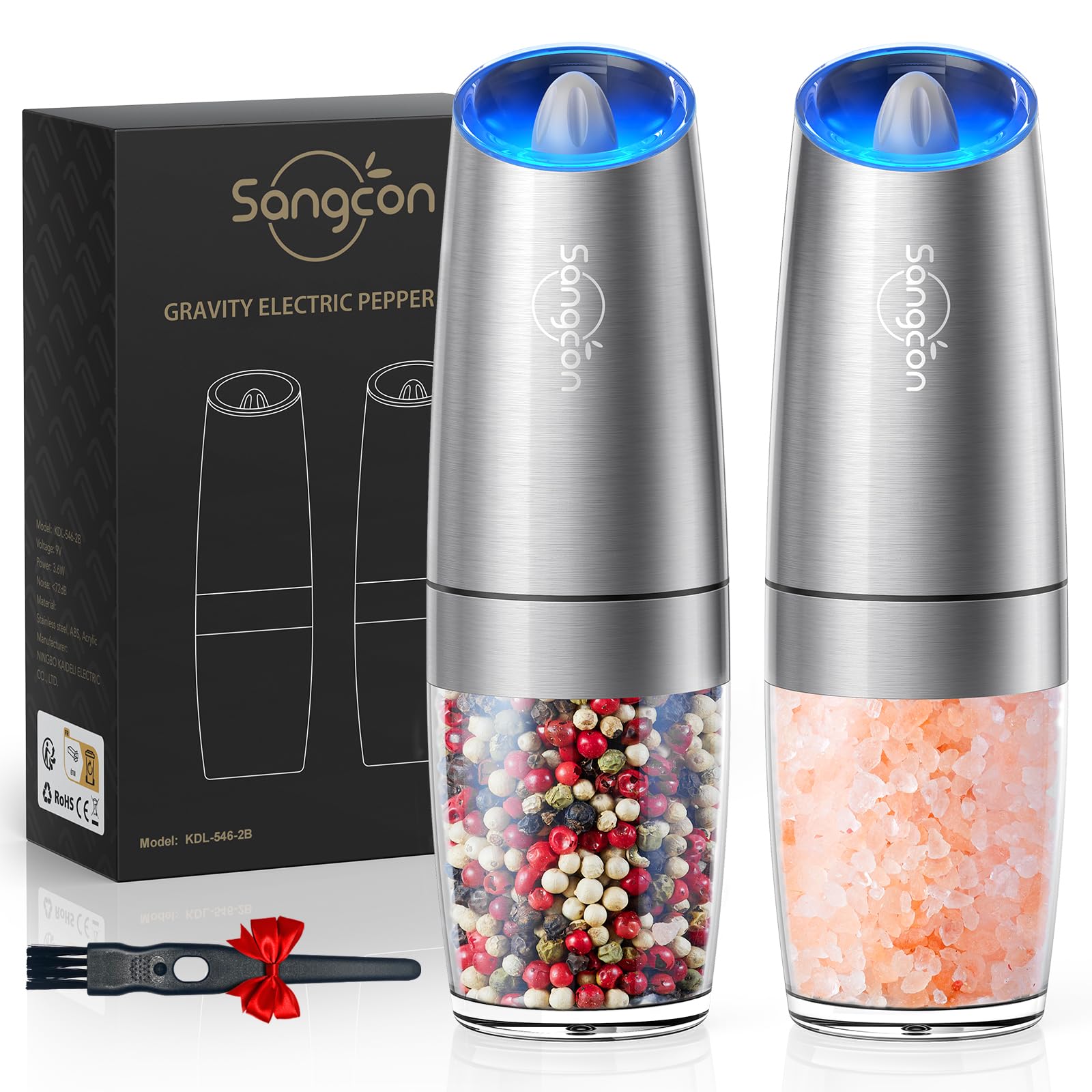 Sangcon Gravity Electric Pepper and Salt Grinder Mill Automatic Shaker Grinder with LED Light, Battery Powered Adjustable Coarseness One Hand Operation, Upgraded Larger Capacity, 1pc