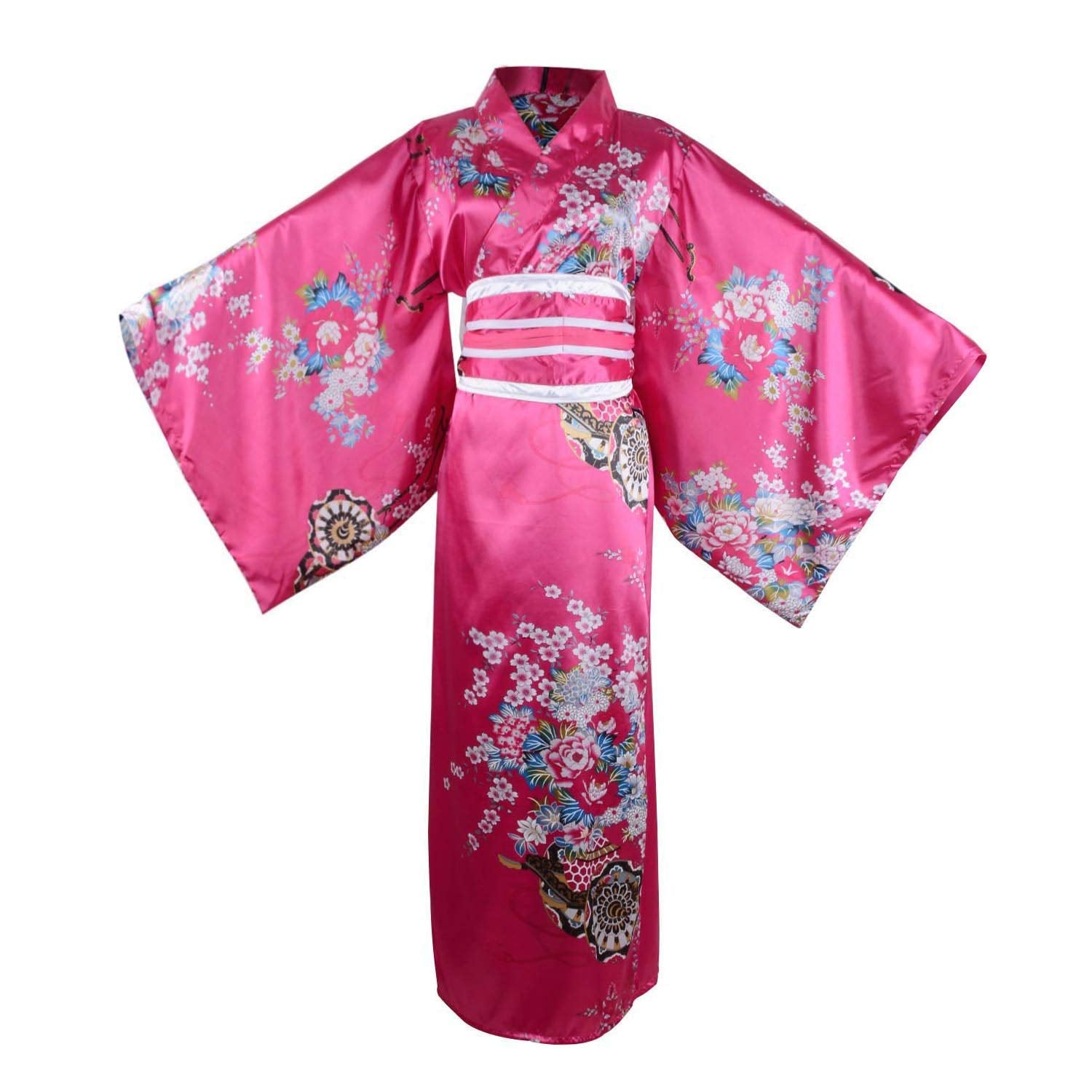 Kimono Costume Adult Japanese Geisha Floral Patten Gown Blossom Bathrobe Sleepwear With Obi Belt