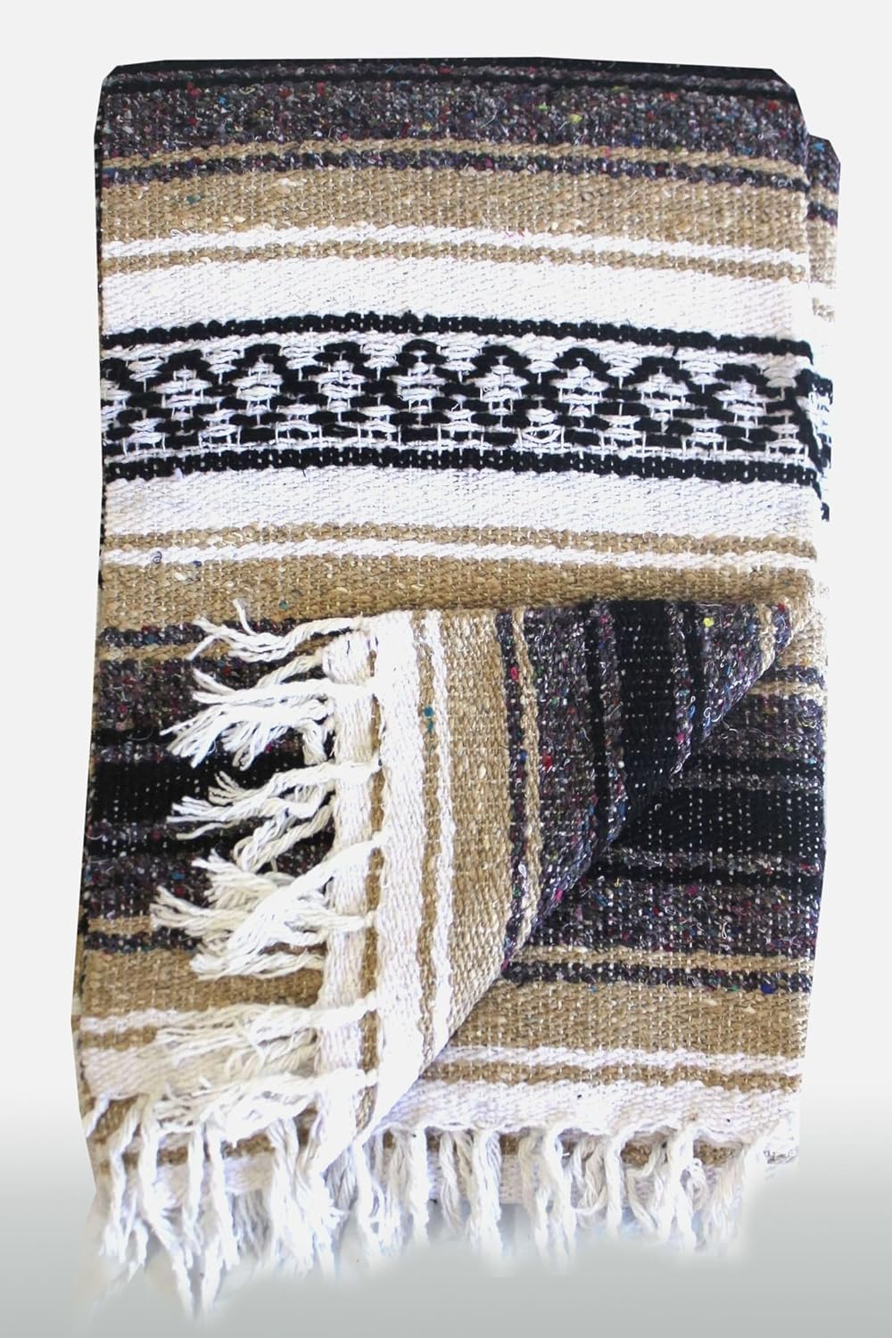 Del Mex Classic Mexican Blanket, Large Authentic Woven Falsa Throw (75"x50"), Artisan Southwest Décor for Beach, Yoga, Outdoors (Tan)