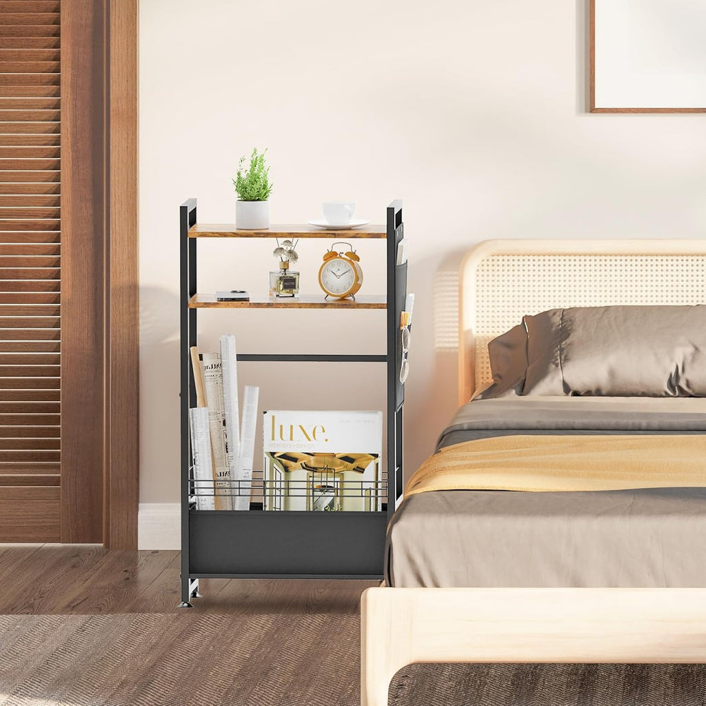 Narrow Side Tables with Drawer for Small Spaces, Small End Table Slim Nightstand with Wheels, Space Saving Skinny Thin Bedside Sofa Coffee Desk with Storage Bag for Bedroom Living Room Couch