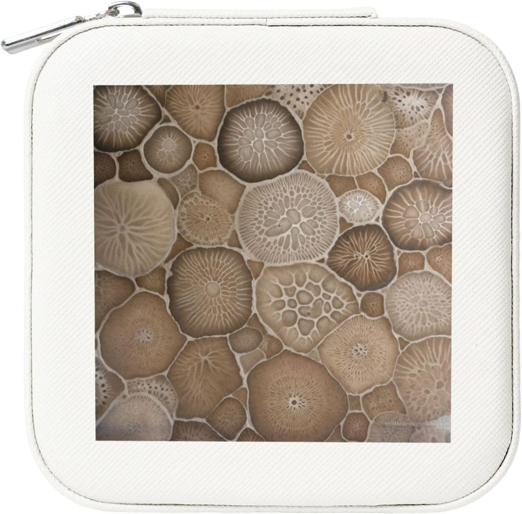 Petoskey Stone Printed Leather Jewelry Box, White Square Jewelry Organizer for Earrings, Rings, Necklaces, Bracelets