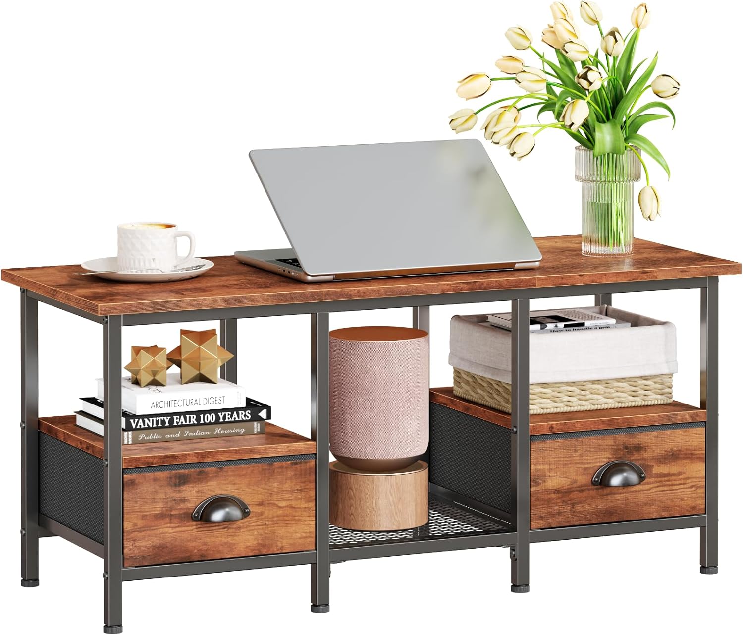 Furologee Coffee Table with 2 Fabric Drawers, 35inch Small Coffee Table for Living Room, 2-Tier Central Table with Storage Shelves for Home Office, Rustic Brown