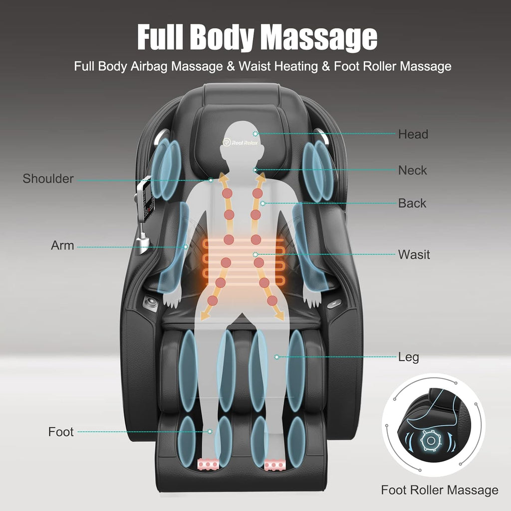 Real Relax 2024 Massage Chair, Full Body Zero Gravity SL-Track Shiatsu Massage Recliner Chair with Heat Body Scan Bluetooth Foot Roller APP Control, Favor-06 All Black