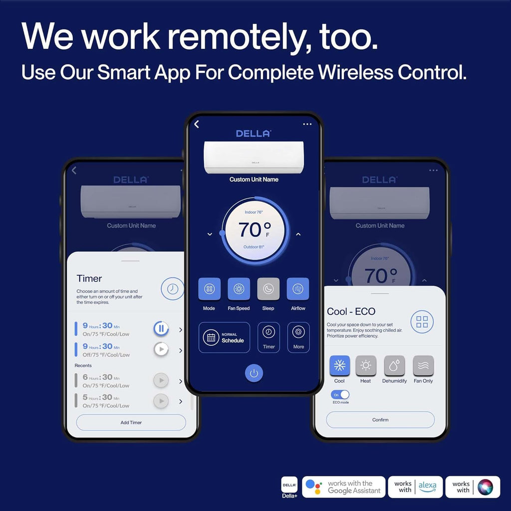 DELLA Motto Series 18000 BTU Wifi Enabled Mini Split 19 SEER2 Cools Up to 1000 Sq.Ft, 208-230V, Works with Alexa, Air Conditioner & Heater with Pre-Charged Heat Pump