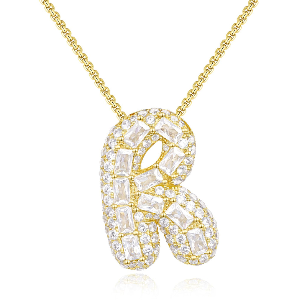 KissYan Bubble Letter Necklace, 14K Gold Plated Personalized Puffy Balloon Initial Pendant with Elegant Box Chain, Inlaid Square & Round CZ Stones for Women Dainty Jewelry Gifts (Gold R)