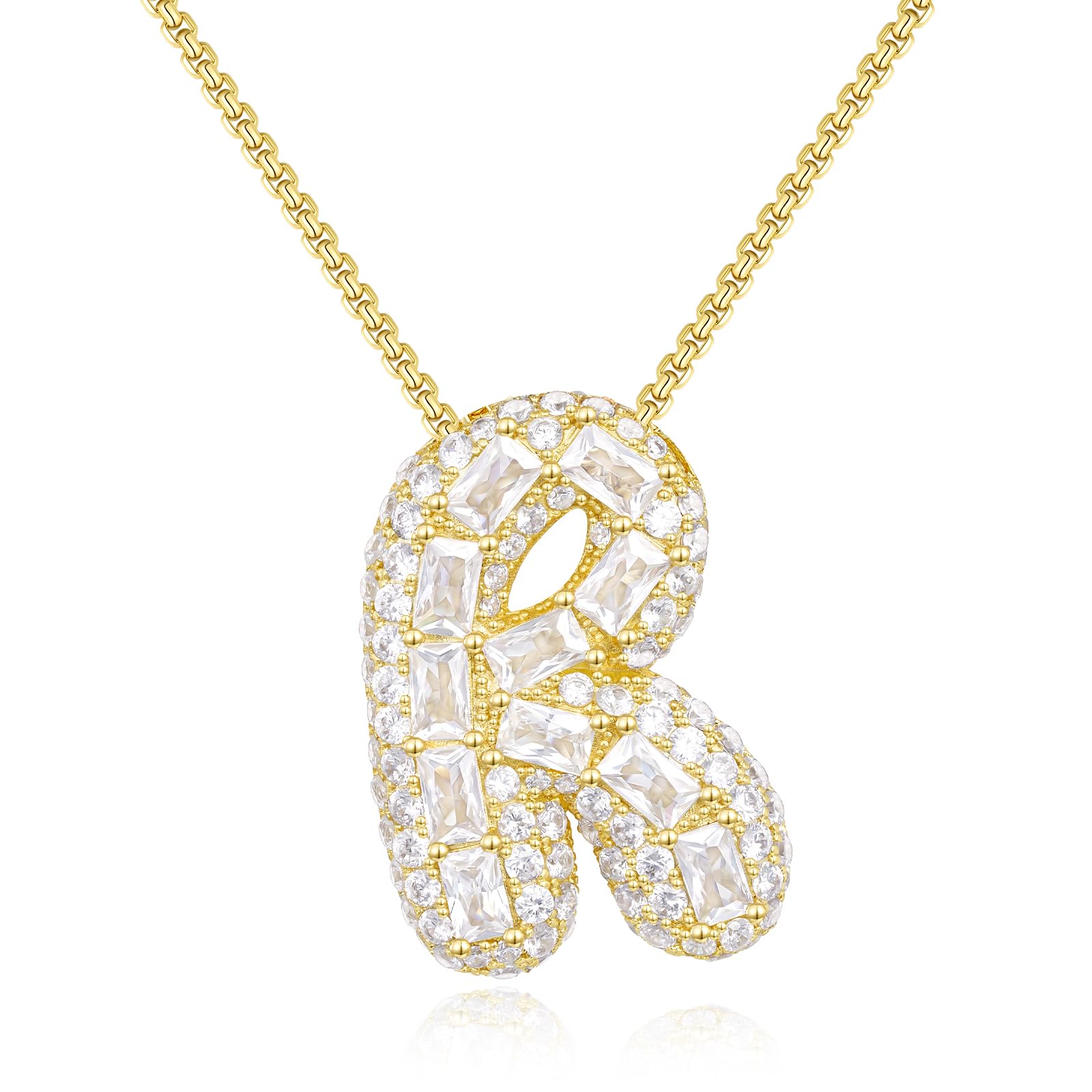 KissYan Bubble Letter Necklace, 14K Gold Plated Personalized Puffy Balloon Initial Pendant with Elegant Box Chain, Inlaid Square & Round CZ Stones for Women Dainty Jewelry Gifts (Gold R)
