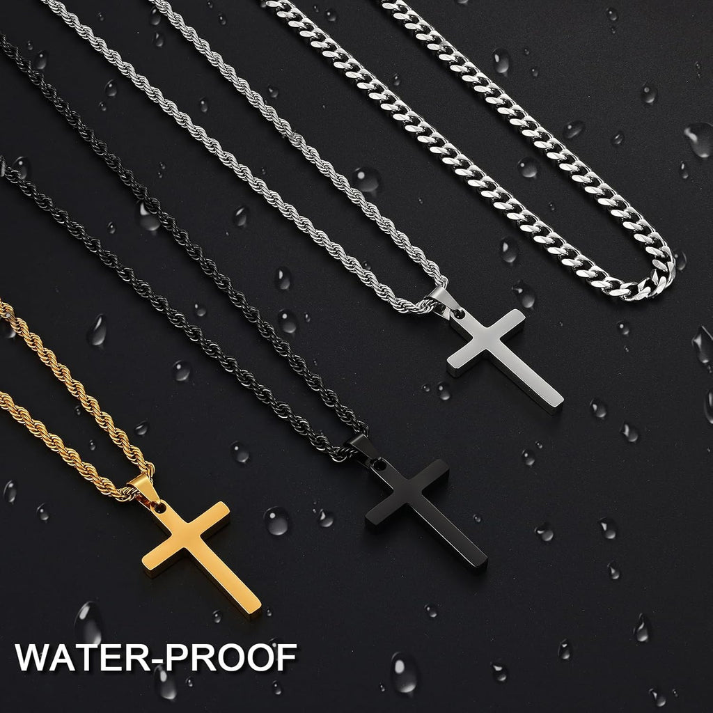 Fiusem 2 Pcs Cross Necklace Chain for Men and Women, Layered Mens Cross Necklaces Stainless Steel Pendant Cuban Link Rope Chain 16-26 Inch