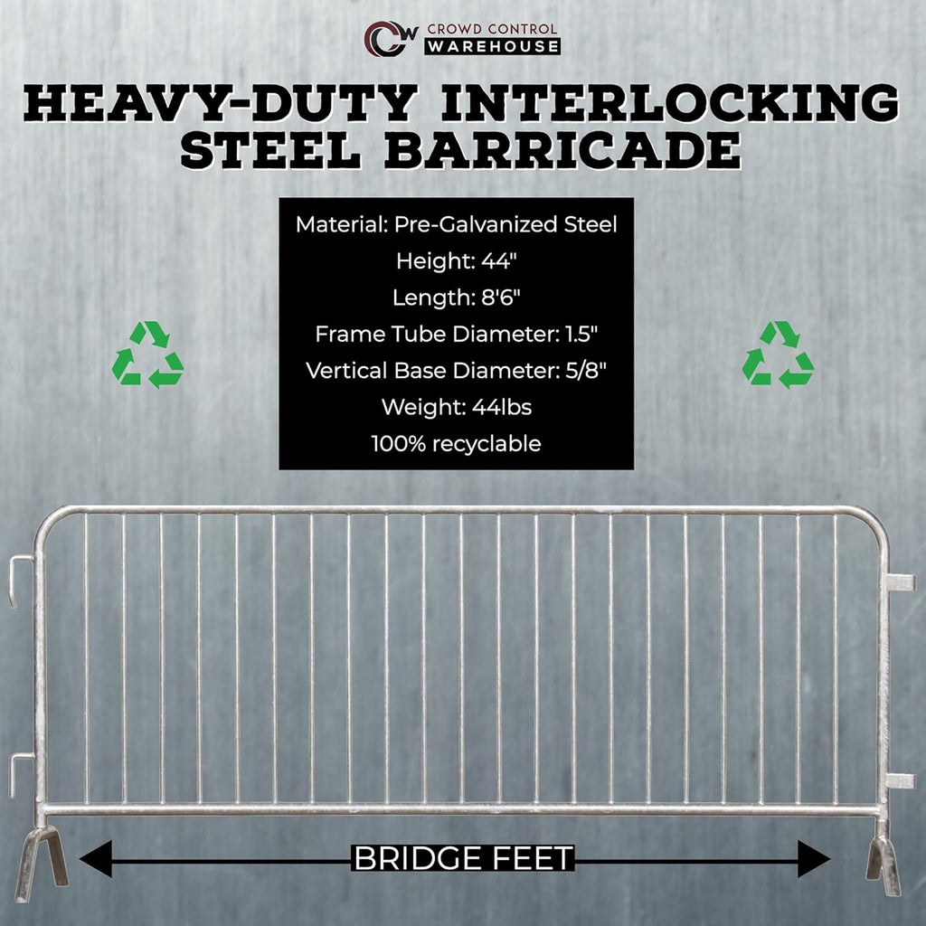 Angry Bull Barricades Metal Interlocking Steel Barricade (8.5 Ft. Heavy Duty, Bridge Feet, Grey Powder Coated, Set of 20)