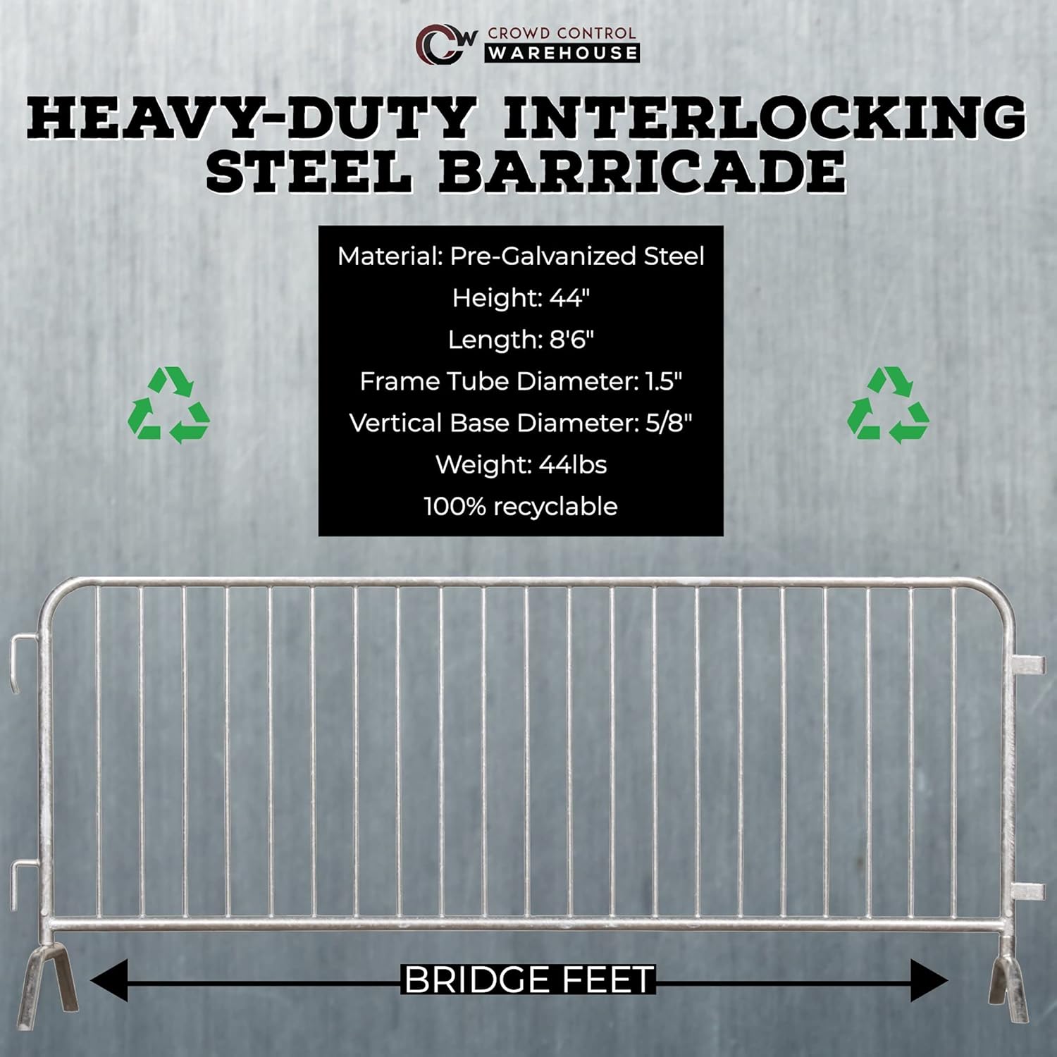 Angry Bull Barricades Metal Interlocking Steel Barricade (8.5 Ft. Heavy Duty, Bridge Feet, Grey Powder Coated, Set of 20)