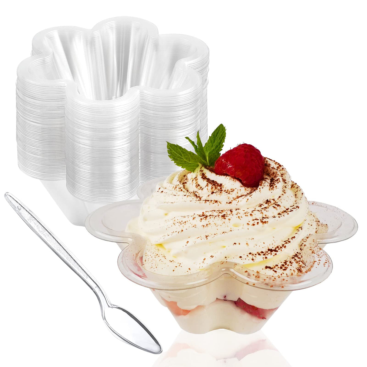 50 Stück 8oz klare Plastik-Dessertbecher mit Löffeln, Einweg-Blumenförmige Eisschalen, Party-Sundae-Servierschalen für Eis, Nüsse und Salat, Trifle-Verkostungsbehälter