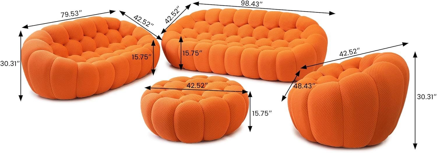 JACH Bubble Sofa Curved Couch Set, Comfy Upholstered Sofa, Mesh Fabric 3D Honeycomb Shape Modern Couches for Living Room, Apartment (Orange, 1 Seater, 2 Seater, 3 Seater, Ottoman)