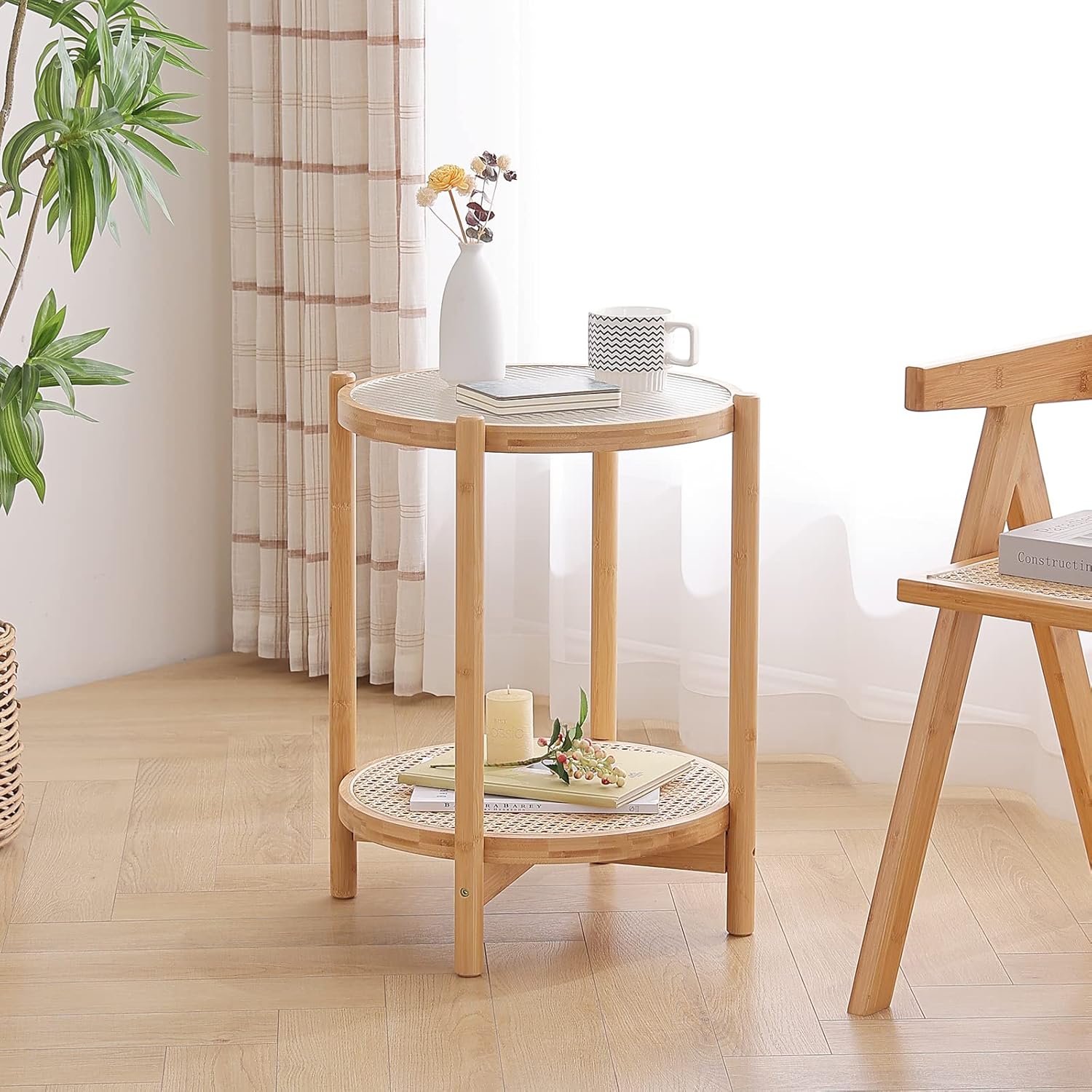 Tiita Rattan Coffee Table, Round End Table, 19.7Inch Modern Side Table, Small Bamboo Living Room Side Table, Glass Sofa End Table for Balcony and Office Outdoor/Indoor (Wood)