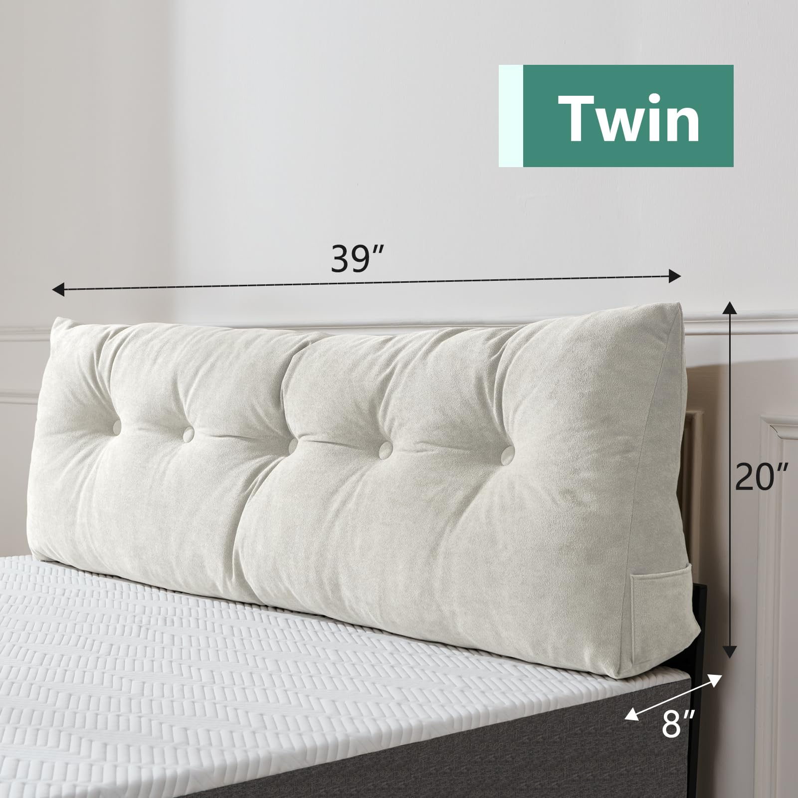 Lukace Premium kilepude hovedgærde med aftageligt betræk - trekantet læsestøtte ryglæn til seng med sidelommer, perfekt til læsning og TV (beige enkeltsengsstørrelse, 39x8x20 tommer)