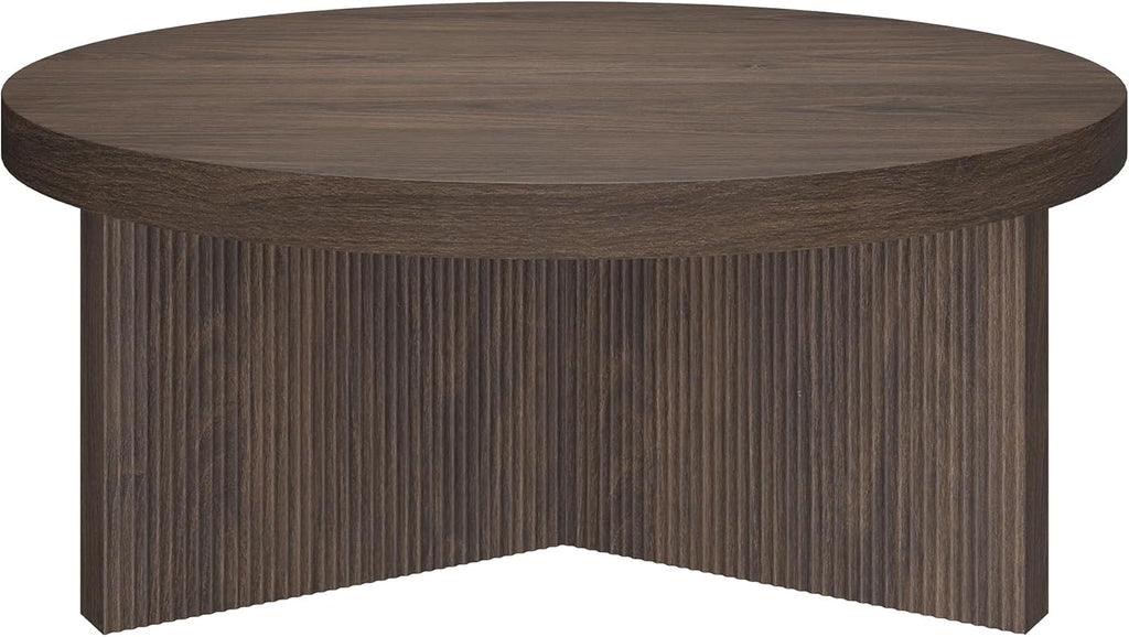 Henn&Hart 36" Fluted Round Wood Pedestal Low-Profile Coffee Table for Living Room, Family Room, or Office, Alder Brown