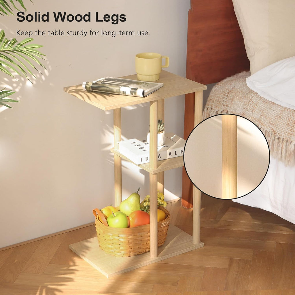 AWASEN C Shaped End Table, Small Side Table for Couch, 3-Tier Wood Sofa Table Coffee Table for Living Room, Small Space, Bedroom, Home Office, Easy Assembly, Natural
