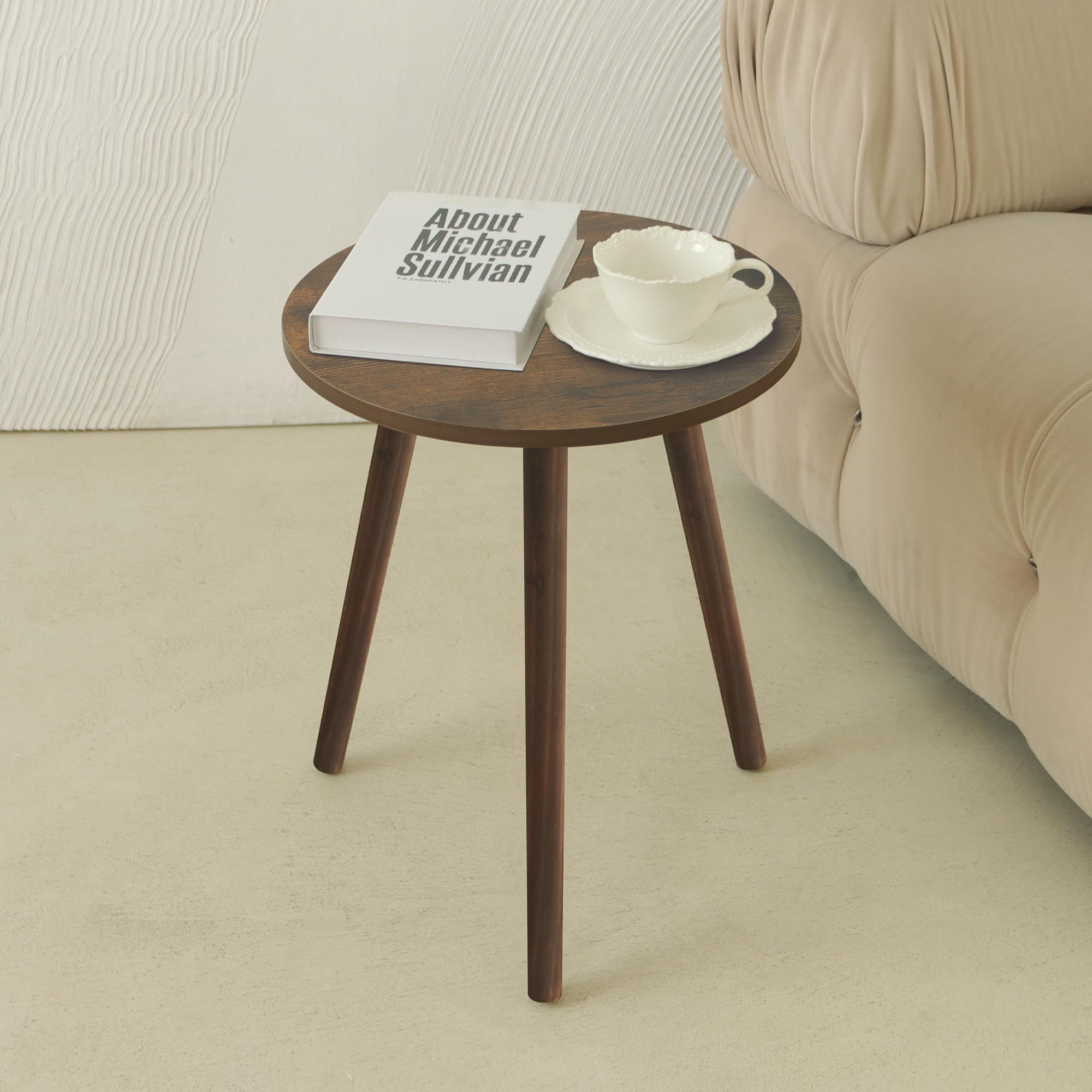 AWASEN Round Side Table, Small End Table for Living Room, Modern Accent Coffee Side Table with Solid Wood Legs for Small Space, Easy Assembly, Brown