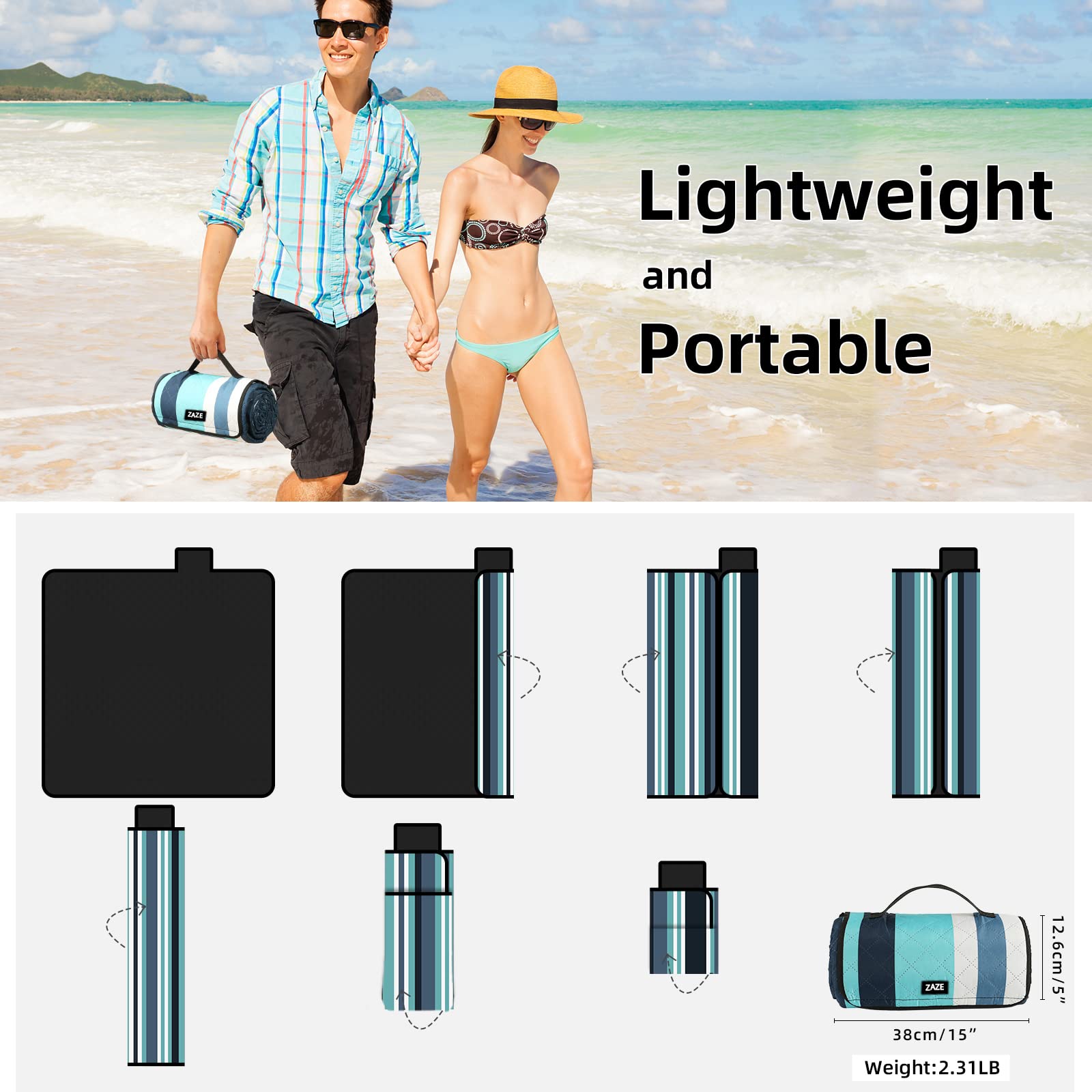 ZAZE Picnic Blankets Beach Blanket, 80''x80'' Extra Large Thick 3-Layers, Sandproof Machine Washable Waterproof Foldable Oversized XL Outdoor Mat, for Camping, Park, Travel, Grass(Blue White Stripe)