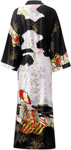 Women's Floral Long Satin Robes Plus Size Long Silk Robes Peacock Floral Kimonos Sleepwear Dressing Gown