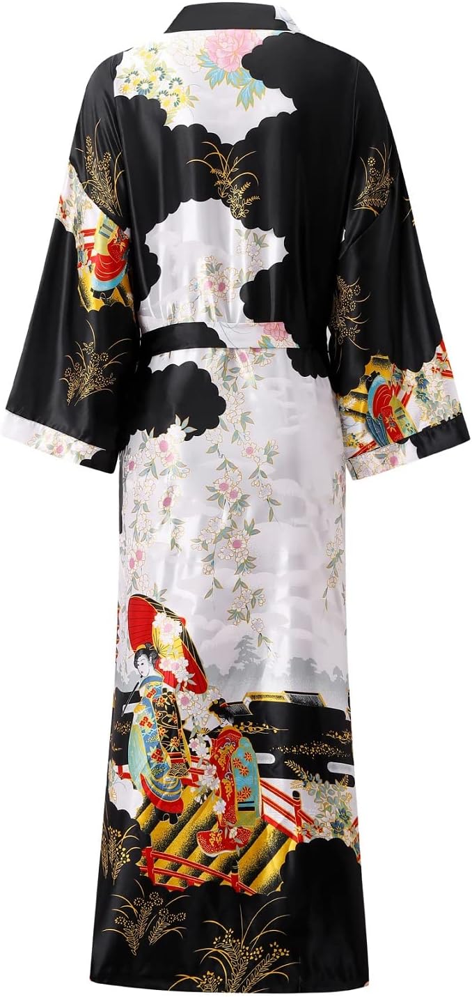 Women's Floral Long Satin Robes Plus Size Long Silk Robes Peacock Floral Kimonos Sleepwear Dressing Gown