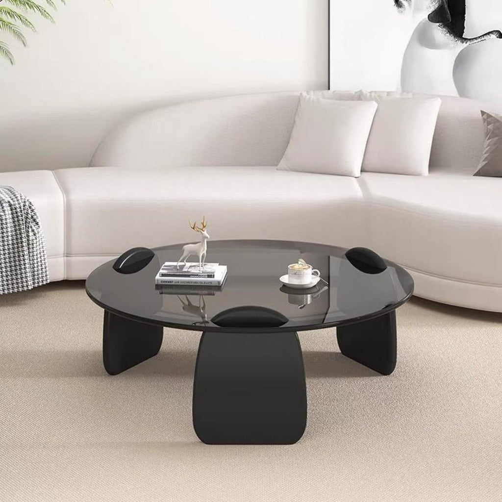 EASYSOUL Modern Round Glass Coffee Table for Living Room with Wood Base, 35.43" D x 35.43" W x 13" H, Mid Century Circular Center Coffee Tables (Black-Grey Glass/35.43 ")