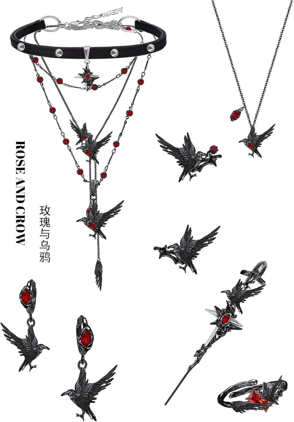 original design hip hop style Gothic necklace Crow red Rose necklace women's fashion gift M3500