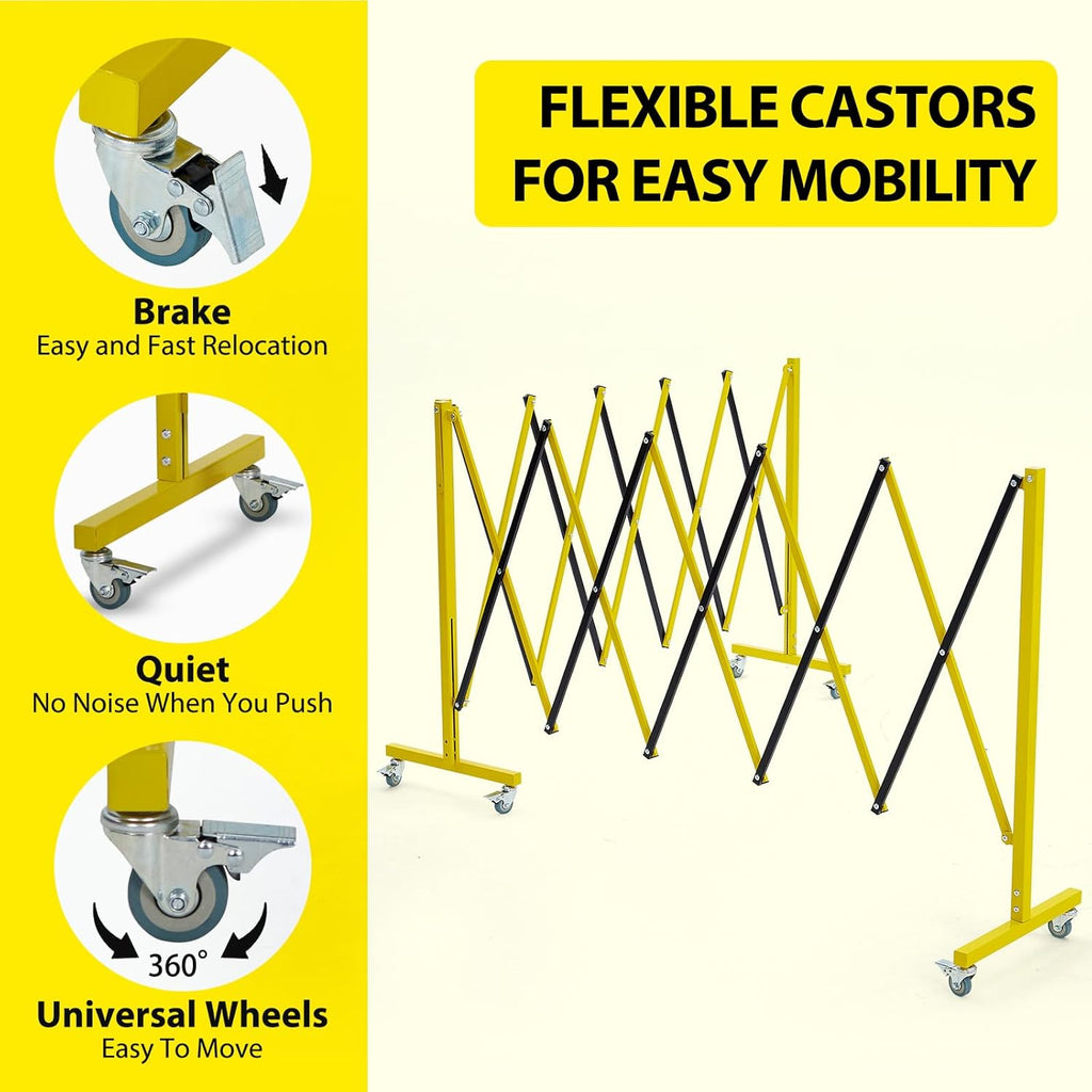 Garvee 19.8 ft Industrial Expandable Metal Barricade, Rotatable & Portable Safety Barrier with a Warning Board and Casters, Retractable Traffic Fence Mobile Safety Barrier Gate Yellow Black