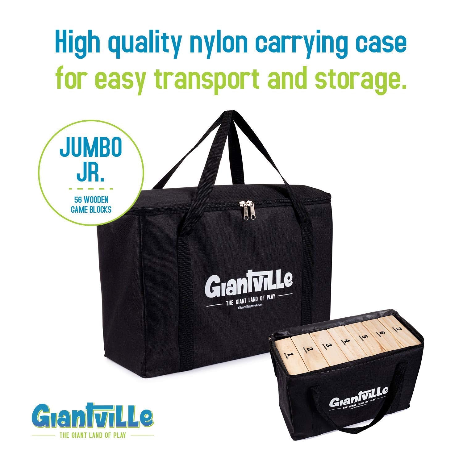 Giantville Giant Tumbling Timber Toy - Premium Pine Wood Life-Size Blocks Tower - Big Floor/Board Indoor/Outdoor Yard Game for Kids & Adults - 56-Pieces + Carry/Storage Bag - Grows to Over 4-Feet