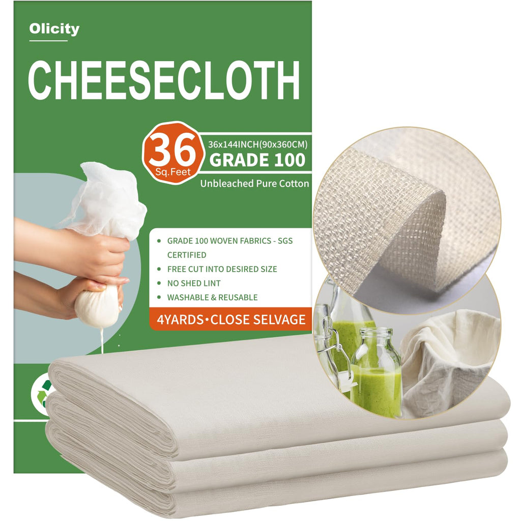 Olicity Cheese Cloths, Grade 90, 27 Sq Feet, Reusable Cheese Cloth with Closed Edges Unbleached Cotton Cheesecloth for Straining, Fine Mesh Fabric Muslin Cloth for Cooking, Rice,Sushi,Crafts - 3 Yards
