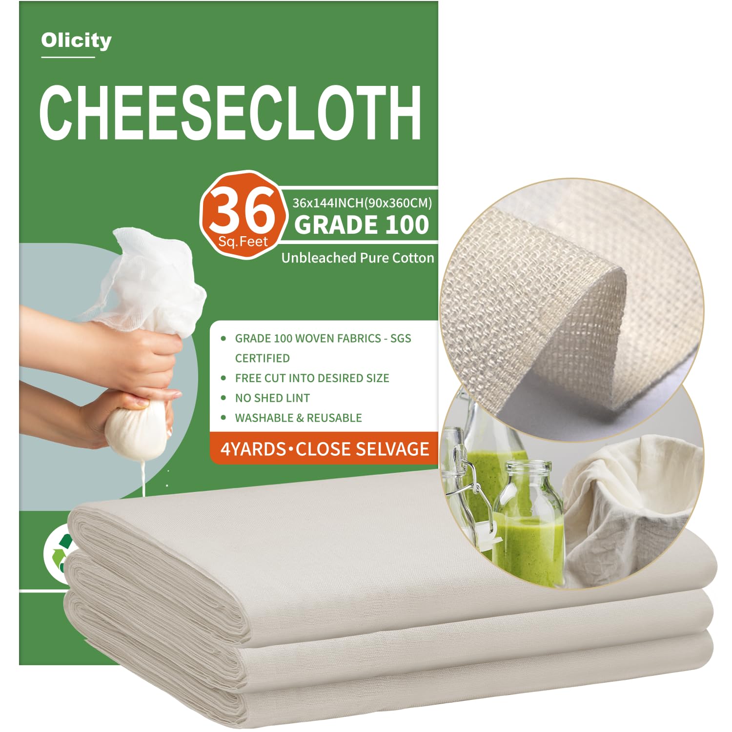 Olicity Cheese Cloths, Grade 90, 27 Sq Feet, Reusable Cheese Cloth with Closed Edges Unbleached Cotton Cheesecloth for Straining, Fine Mesh Fabric Muslin Cloth for Cooking, Rice,Sushi,Crafts - 3 Yards