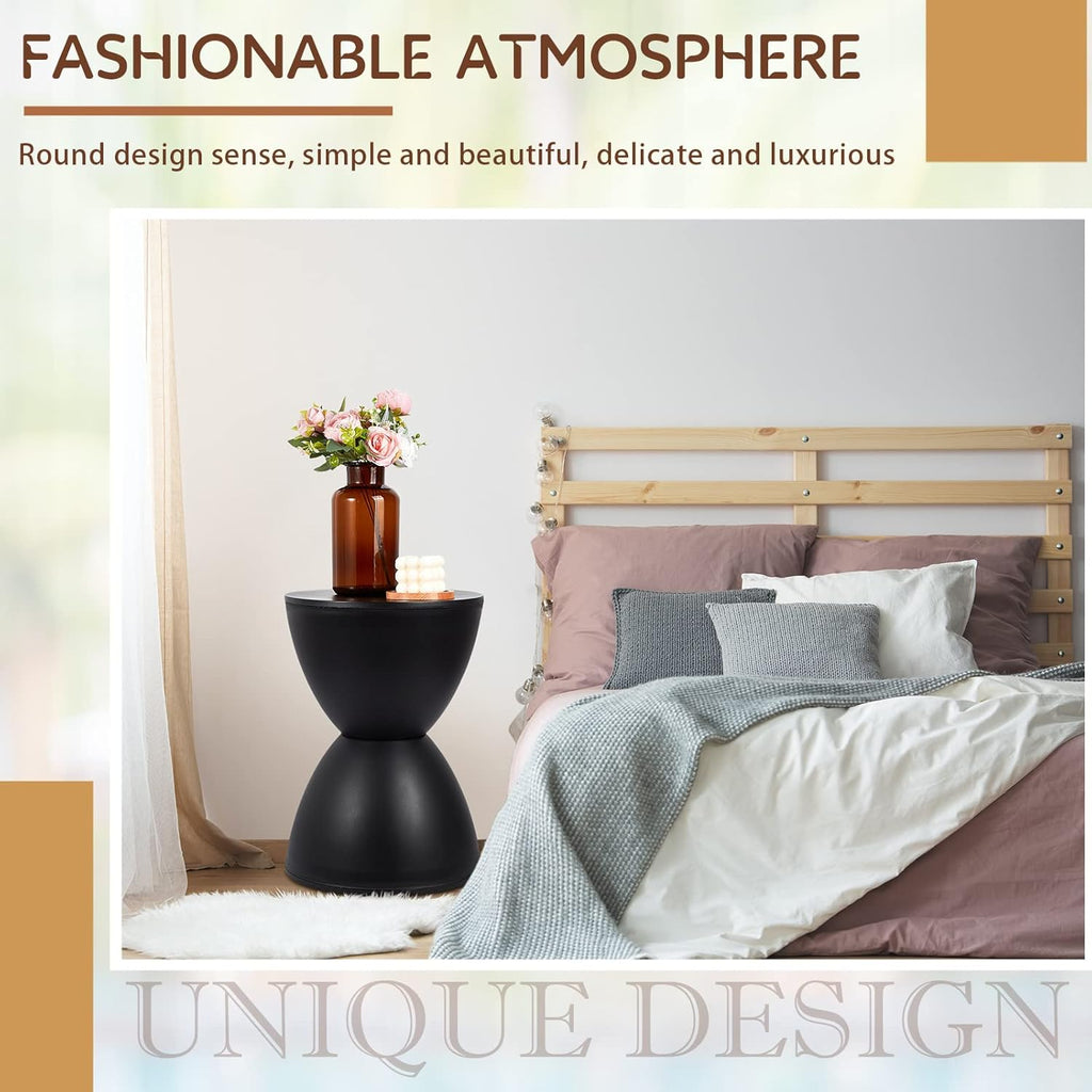 Leinuosen 16.73" H x 11.81" W Small Plastic Black Drum Side Table Plastic Hourglass Modern End Table Round Outdoor Stool Side Table for Coffee Patio Indoor Home Bedroom (Cover Cannot Be Removed)