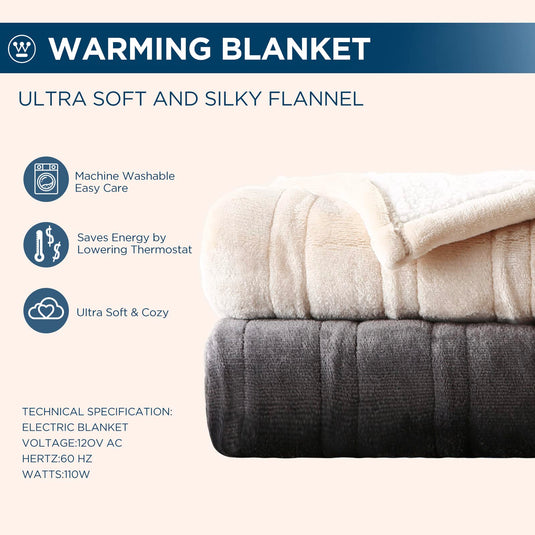 Westinghouse Heated Throw Blanket, Electric Blanket Throw with 6 Heating Levels and 2-10 Hours Time Settings, Flannel to Sherpa Super Cozy Heated Blanket Machine Washable, 50x60 inch, Charcoal