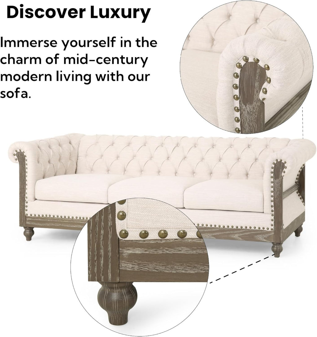 Merax Chesterfield Sofa, Retro Style Upholstered 3 Seater Rolled Arm Couch for Living Room Bedroom Office, Beige