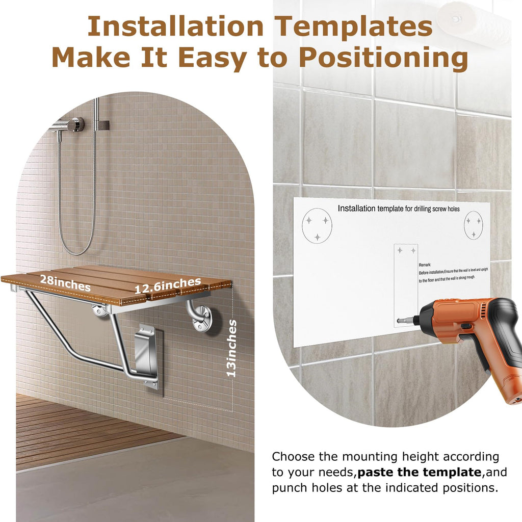 Wall-Mounted Folding Shower Seat 28" with Stainless Steel Bracket, Enhanced Structural Stability, 500 lb Capacity, Space-Saving, Suitable for The Elderly, Disabled, Pregnant Individuals, Children.