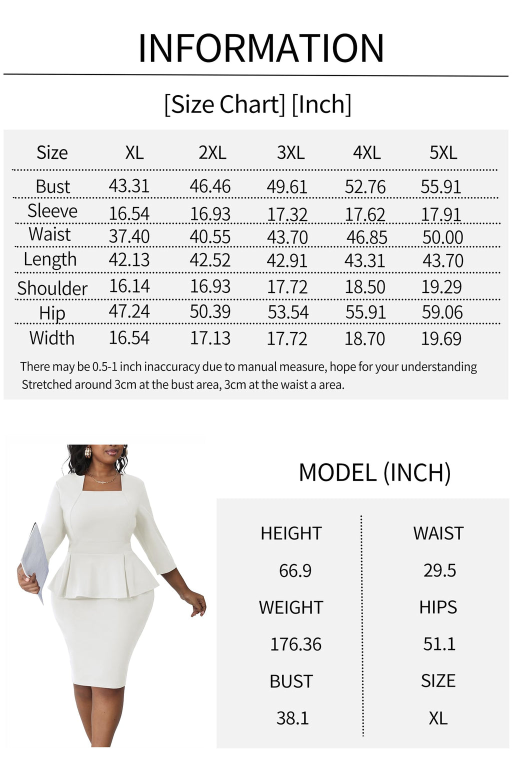 Runwind Plus Size Dresses for Curvy Women Midi Church Sheath Peplum 3/4 Sleeve Work Office Business Bodycon Pencil Dress White 2XL