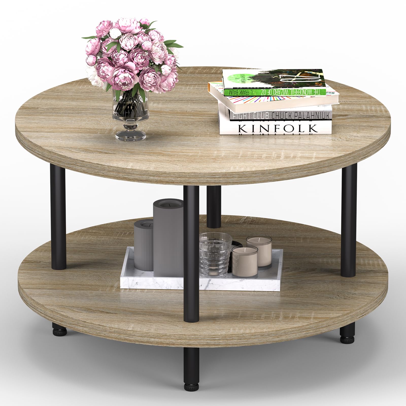 Round Coffee Table, Small Coffee Tables for Living Room, Wood Coffee Table with Metal Frame, Floor Table Desk for Sitting on The Floor, Home, Office, Farmhouse, Rustic Brown (23.6"D x 17.7"H)