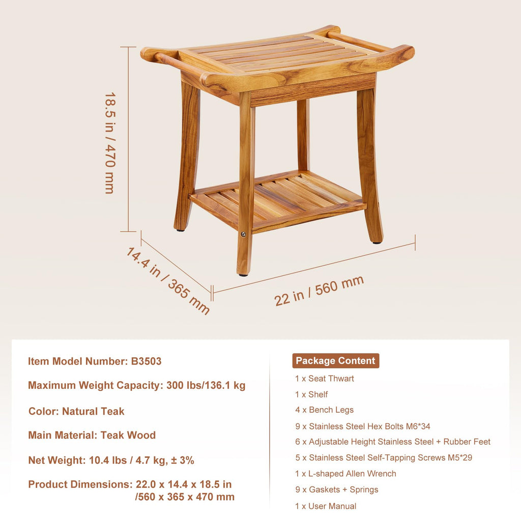 VEVOR Teak Shower Bench, 22 x 14.4 x 18.5 in, Waterproof Wood Shower Stool with Storage Shelf Handle Non-Slip Feet, 300 lbs Maximum Load Capacity Shower Chair Seat, for Bathroom Indoor and Outdoor Use