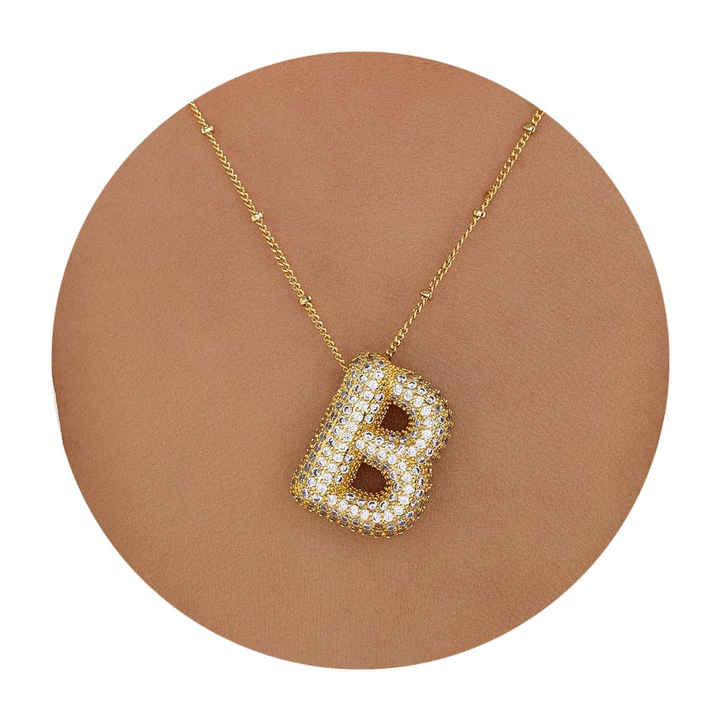 Z ZACHÉ 18k Gold Plated Bubble Letter C Necklace Women Cubic Zirconia Balloon Initial Necklace Cute Puffy Monogram Necklace
