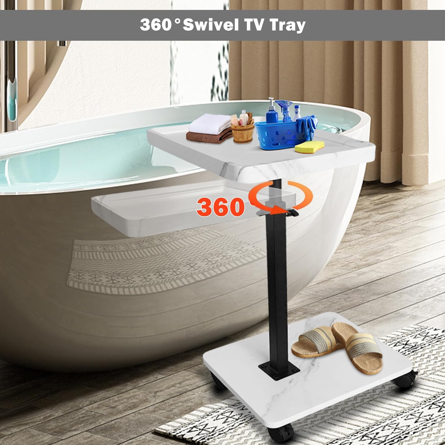 TV Tray Table,360° Swivel Height Adjustable TV Tray for Drink&Snack,Couch Tables That Slide Under,C Shaped End Table with Wheels,Small C Shaped Side Table Living Room&Bedroom-Square White