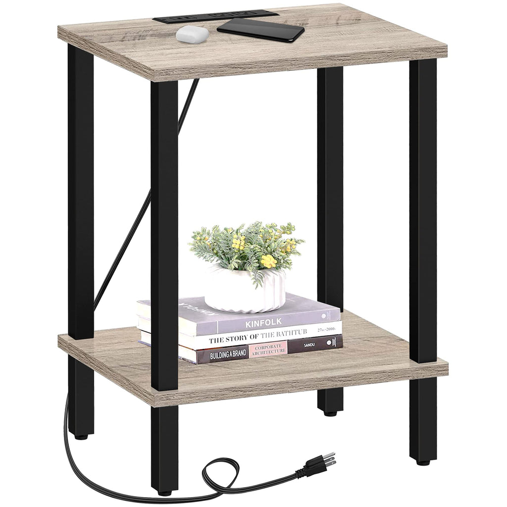 TUTOTAK End Table with Charging Station, Side Table with USB Ports and Outlets, Nightstand, 2-Tier Storage Shelf, Sofa Table for Small Space TB01BB040