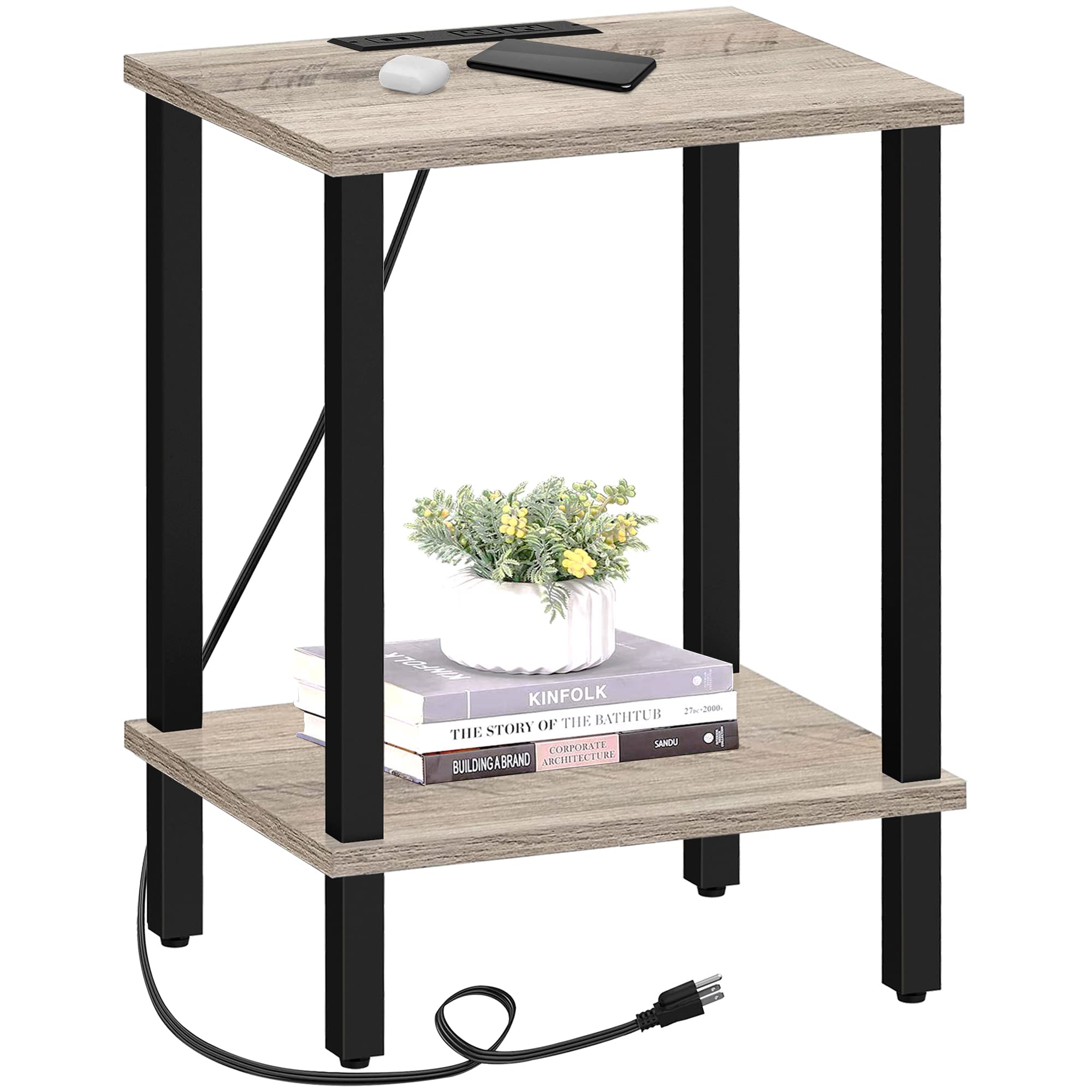 TUTOTAK End Table with Charging Station, Side Table with USB Ports and Outlets, Nightstand, 2-Tier Storage Shelf, Sofa Table for Small Space TB01BB040